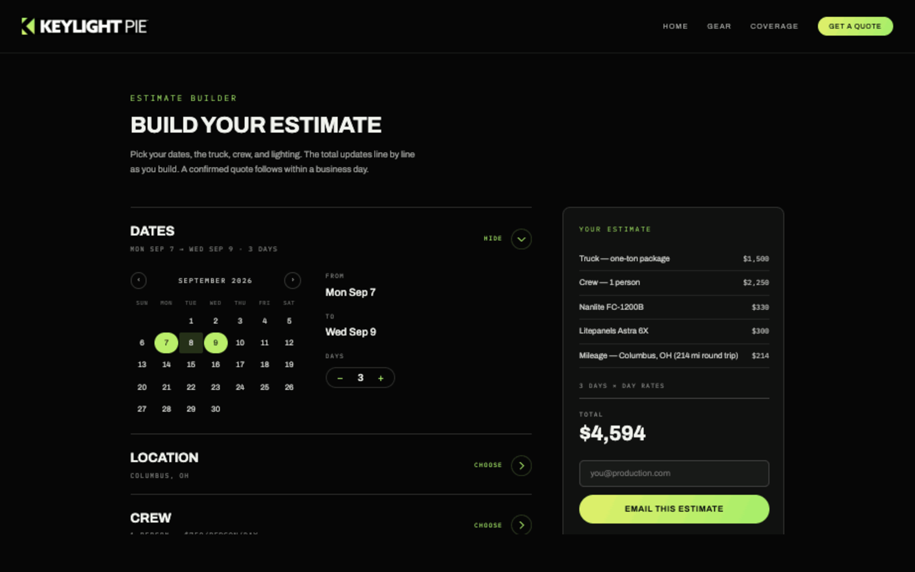 The Keylight Pie estimate builder — dates, truck, crew, and lighting with a running total